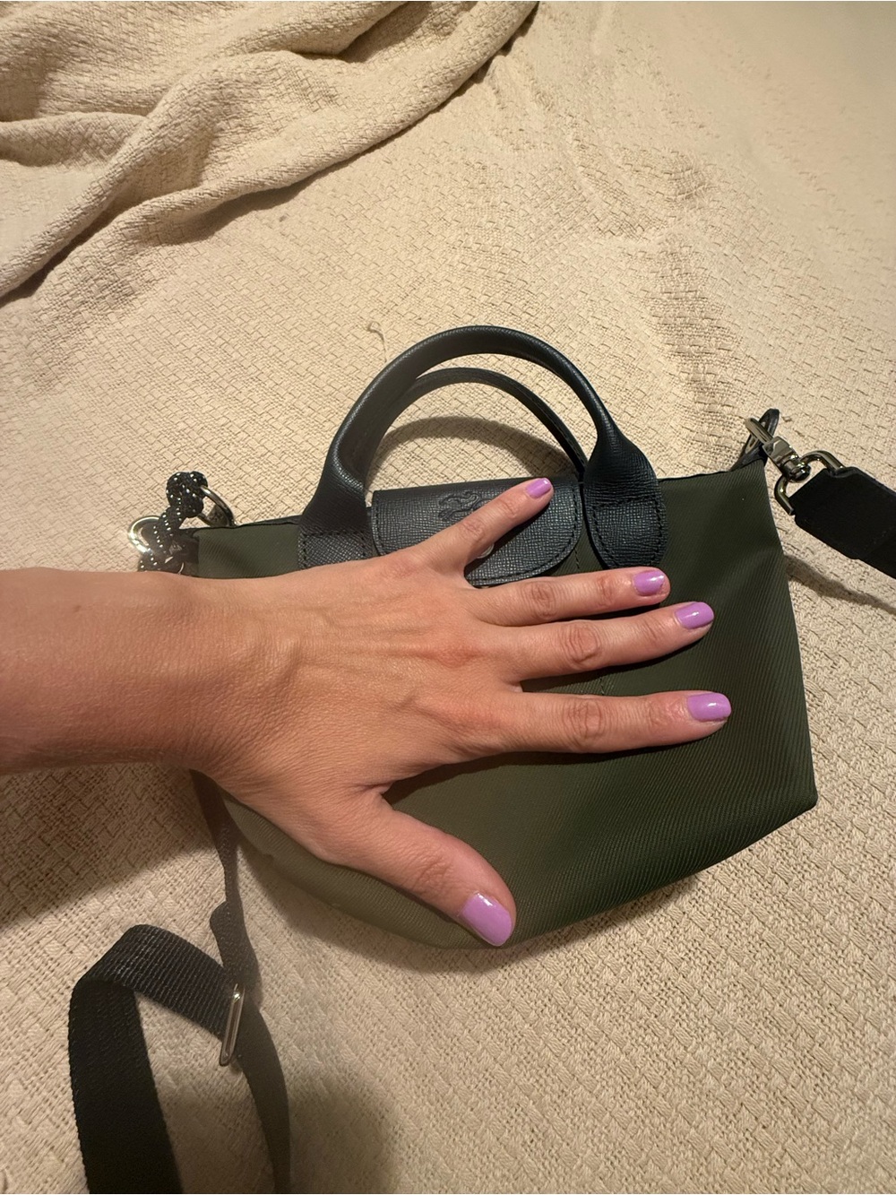 Longchamp Small Top-Handle Tote in Olive Green with Black Trim - Picture 7 of 7